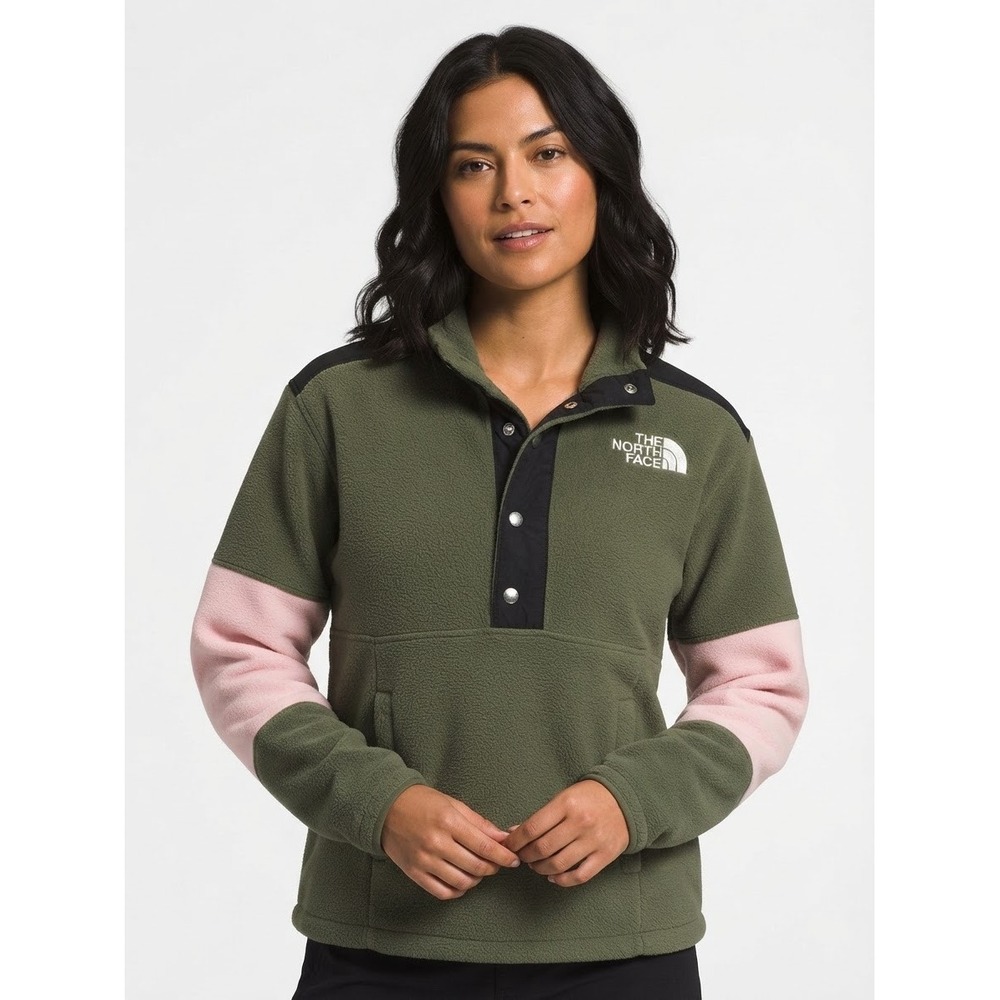 The North Face TKA Glacier Snap Neck Pullover Fleece Green Pink Small